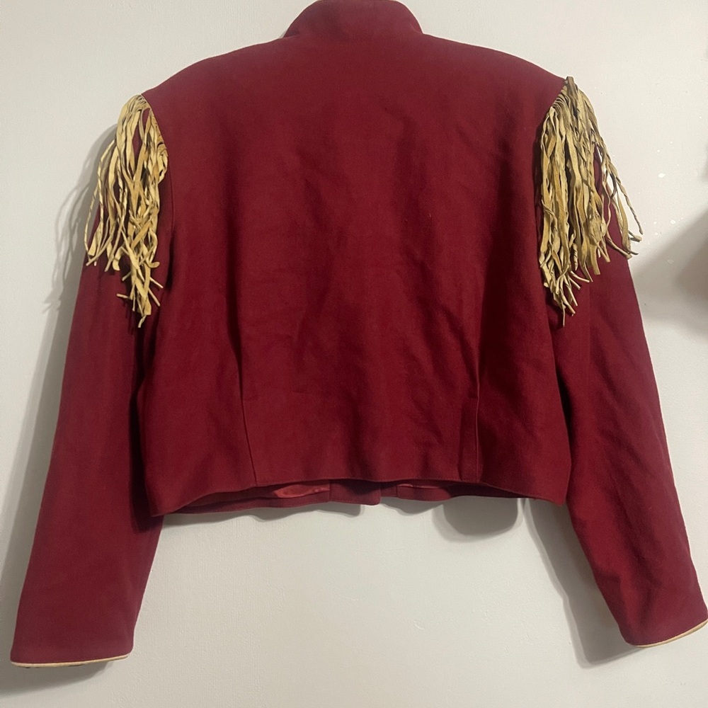 Double D Ranch Wear Deep Red Embroidered Wool Jacket with Leather Fringe - Picture 4 of 6
